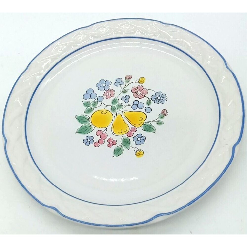 Vtg Vina Fera Radiance 11" Fruit Floral Pattern Blue Trim Dinner Plate Mexico